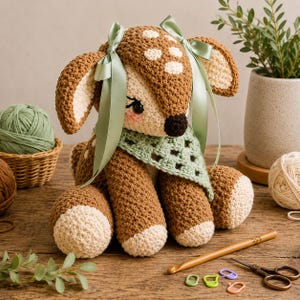 Pode incluir: Um peluche de cervo em croché feito com fio castanho e creme, com manchas brancas na cabeça, nariz castanho escuro e bochechas cor-de-rosa. O cervo usa uma bandana de croché verde-clara e fitas de cetim verde-claras nas orelhas.