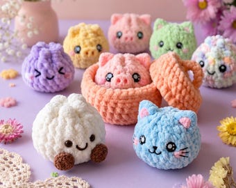Patroon voor amigurumi dierenknoedels (PDF) | Mini pluche eten met mandje | Leuk verrassingscadeautje | Digitale download voor beginners