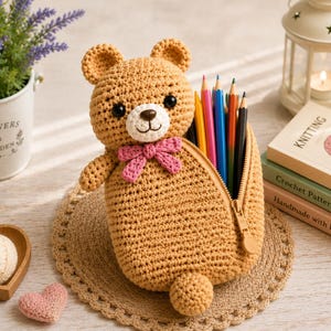 Crochet Bear Pencil Case Pattern | Bear Pen Holder Crochet PDF | Back to School Crochet  | Pencil & pen storage | Craft fair sellers