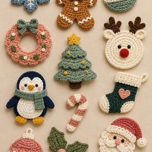 Peut inclure: Un ensemble de douze décorations de Noël au crochet comprenant un flocon bleu, un bonhomme en pain d'épices, une boule verte, une couronne rose, un sapin vert, un renne, un pingouin, un sucre d'orge, une chaussette, une boule rose, du houx et une étoile.