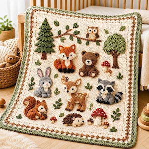 Può includere: Una coperta all'uncinetto color crema a tema boschivo, decorata con figure applicate di volpe, orso, coniglio, cervo, procione, scoiattolo e riccio, insieme ad alberi, funghi e foglie nei toni del verde, marrone e arancione.