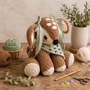 May include: A crocheted deer plush toy featuring brown and cream yarn, white spots on the head, a dark brown nose, and two sage green satin ribbons tied to its ears. The deer wears a light green crocheted scarf around its neck.