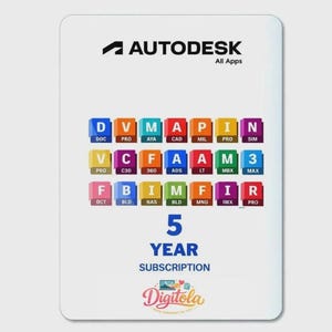 May include: A white rectangular sign featuring the Autodesk All Apps logo at the top. Below are three rows of colorful square icons with letters and abbreviations. The text 5 YEAR SUBSCRIPTION appears in blue, followed by the Digitola logo at the bottom.