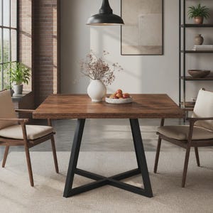 Puede incluir: Una mesa de comedor cuadrada con una superficie de madera de grano marrón oscuro y una base de metal negro en forma de X. La mesa está acompañada por dos sillas de madera con asientos tapizados en beige. Un jarrón blanco con flores secas y un cuenco de fruta están sobre la mesa.