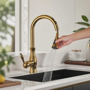 May include: A polished gold kitchen faucet with a high-arc spout and a pull-down sprayer head. The faucet features a single side-mounted lever handle and is shown dispensing a steady stream of water into a black rectangular kitchen sink.