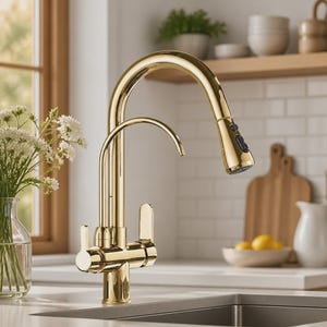 Può includere: Un rubinetto da cucina in oro lucido dotato di una doccetta estraibile ad arco alto con un pulsante nero e un secondo beccuccio curvo più piccolo. Il rubinetto include due maniglie a leva verticali posizionate ai lati della base.