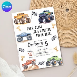 May include: A rectangular party invitation featuring watercolor monster trucks in orange, blue, and green. The text reads: BOOM, CLASH ITS A MONSTER TRUCK BASH! Carter's 5 is turning. Saturday 15 August, 2:00 PM - 6:00 PM, Olivia House, 123, Anywhere St, Any City.