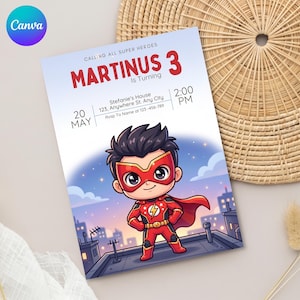 May include: A rectangular birthday invitation card featuring a cartoon superhero character in a red suit with a yellow lightning bolt emblem. The text reads: CALLING ALL SUPER HEROES MARTINUS 3 Is Turning 20 MAY Stefanie's House 123, Anywhere St. Any City 2:00 PM.