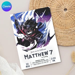 May include: A rectangular birthday invitation card featuring a stylized ninja character holding a sword against a dark purple and blue background. The text reads: Join us to Celebrate MATTHEW 7 Is Turning, 20 MAY, Matthew House 123, Anywhere St. Any City, 2:00 PM, Rvsp To Name at 123-456-789.