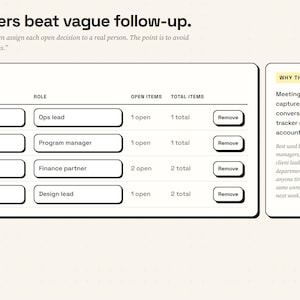 May include: A digital interface titled Decision Tracker featuring a table of owners with columns for name, role, open items, and total items. The layout includes a sidebar navigation menu, an Add owner button, and a text box explaining why this works.