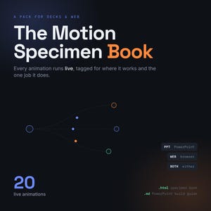 May include: A digital graphic titled The Motion Specimen Book, a pack for decks and web. It features 20 live animations, with text explaining that every animation runs live. A diagram shows branching paths with colored dots, and labels for PPT, WEB, and BOTH.