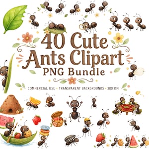 Peut inclure: Un ensemble numérique de 40 cliparts de fourmis mignonnes au format PNG, illustrant diverses fourmis brunes de dessin animé avec des feuilles, des fleurs, des fruits et des objets de pique-nique, avec le texte 40 Cute Ants Clipart PNG Bundle.