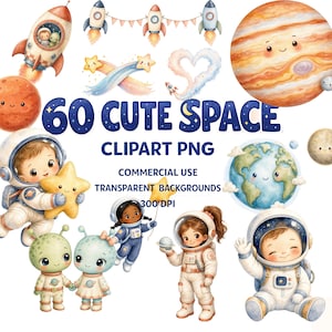 Pode incluir: Uma coleção de ilustrações em aquarela com tema espacial, incluindo astronautas, planetas, foguetes e alienígenas. O texto diz 60 CUTE SPACE CLIPART PNG COMMERCIAL USE TRANSPARENT BACKGROUNDS 300 DPI. Os gráficos incluem uma Terra sorridente, Júpiter e vários personagens em trajes espaciais brancos.