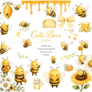 Puede incluir: Una colección digital de ilustraciones en acuarela con abejas amarillas y negras, panales, colmenas, girasoles, margaritas, tarros de miel y un lazo de cuadros vichy amarillo. El texto dice Cute Bees Clipart, 50 PNG Files, Transparent Background, Commercial Use, 300 DPI.