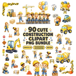 Puede incluir: Una colección digital de 90 imágenes prediseñadas con temática de construcción que incluye niños con cascos amarillos, excavadoras, camiones volquete, grúas, señales de tráfico, herramientas y globos con el texto 90 CUTE CONSTRUCTION CLIPART PNG BUNDLE.