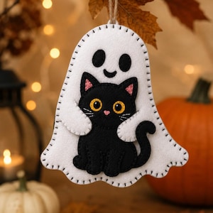 Può includere: Un ornamento da appendere in feltro a forma di fantasma bianco con bordi cuciti neri, caratterizzato da un volto sorridente e che tiene in braccio un piccolo gatto nero con occhi gialli, orecchie rosa e un piccolo naso rosa, appeso a uno spago.
