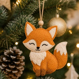 May include: A felt fox ornament featuring orange and cream-colored fabric with stitched details, a small black nose, and closed eyes. The fox is suspended by a thin twine string attached to a small wooden bead at the top for hanging purposes.