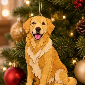 May include: A golden retriever dog ornament crafted from layered felt in shades of tan, cream, and gold. The dog is depicted in a sitting position with a pink tongue visible, featuring stitched details and a gold hanging cord attached to the top.