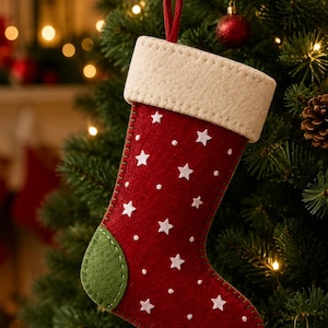 Pode incluir: Uma meia de Natal de feltro vermelho com punho branco, calcanhar verde e um padrão de pequenas estrelas e pontos brancos. A meia é construída com pontos de festão visíveis ao longo das bordas e inclui uma alça de tecido vermelho.