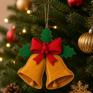 May include: A felt Christmas ornament featuring two golden-yellow bells joined by a bright red bow and three small red berries. Behind the bow are two green holly leaves with stitched details. A thin gold string is attached to the top for hanging.