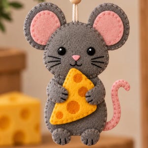 May include: A grey felt mouse ornament with pink inner ears and a pink tail, holding a yellow triangular piece of cheese with orange spots. The mouse features black stitched eyes, a pink nose, and black whiskers, suspended by a light string.