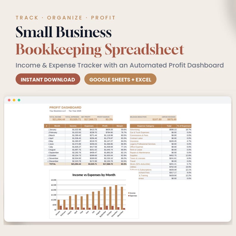 Small Business Bookkeeping Spreadsheet, Google Sheets Excel Template ...