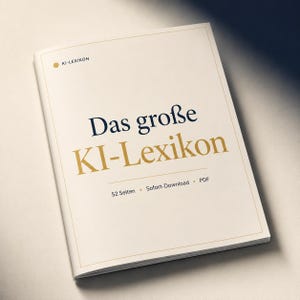 May include: A white booklet titled Das große KI-Lexikon in dark blue and gold lettering. The cover features a small gold circle icon, the text KI-LEXIKON, and the subtitle 52 Seiten, Sofort-Download, PDF. The document is enclosed in a thin gold border.
