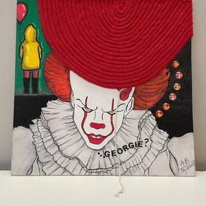 Original IT Pennywise Acrylic Painting on Canvas Board - 1 of 1 Handmade Stephen King Horror Art with 3D Textured Red Balloon String & Gems,