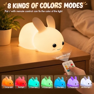 Puede incluir: Una luz nocturna LED con forma de conejo blanco, ojos negros y boca pequeña. El texto dice 8 KINDS OF COLORS MODES, Pat / with remote control can fix the color of the light y Barrier-free 15ft. Incluye un mando a distancia para cambiar colores.