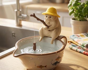 Fishing Cat Figurine, Whimsical Woodland Shelf Decor, Cottagecore Desk Ornament