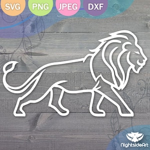 May include: A white line drawing of a lion walking to the right. The lion has a large mane and a long tail.