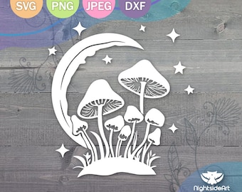 Mushroom Moon and Stars, Mushroom Clipart Cut Files for Cricut and Silhouette .svg .png .jpg .dxf