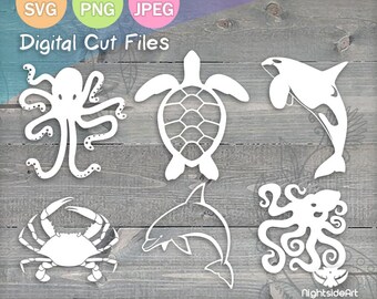 Könnte beinhalten: Ein Set mit fünf digitalen Schnittdateien, die verschiedene Meerestiere zeigen, darunter einen Oktopus, eine Schildkröte, einen Krebs, einen Delfin und eine Orca. Die Dateien sind im SVG-, PNG- und JPEG-Format.