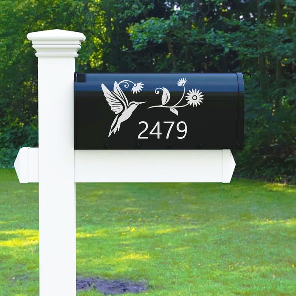 Custom Mailbox Hummingbird and Flowers Vinyl Decal with House Address Numbers