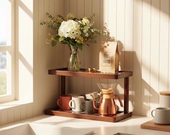 Two-Tier Wood Coffee Bar Organizer Shelf, Corner Coffee Station Storage Rack, Kitchen Counter Espresso Stand, Farmhouse Décor
