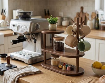Coffee Bar Organizer with Mug Tree, Tiered Wooden Counter Shelf for Espresso Machine, Dark Wood Coffee Station, Gift for Coffee Lovers.