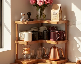 Wooden Corner Shelf, Coffee Bar Organizer, 3-Tier Kitchen Counter Rack for Mugs, Coffee Station Decor, Coffee Lover Gift