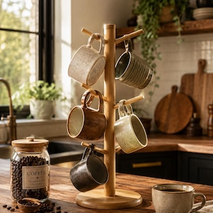 Può includere: Un supporto per tazze in legno chiaro con base rotonda e sei rami che sostengono cinque tazze in ceramica in varie tonalità terrose, solide e maculate. Un barattolo di vetro con coperchio in legno etichettato COFFEE è accanto ai chicchi.