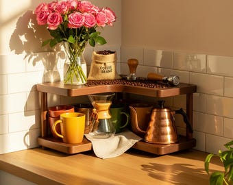 Corner Coffee Bar Shelf, 2-Tier Walnut Wood Organizer, L-Shaped Kitchen Counter Shelf, Coffee Station Rack, Small Space Storage Gift.