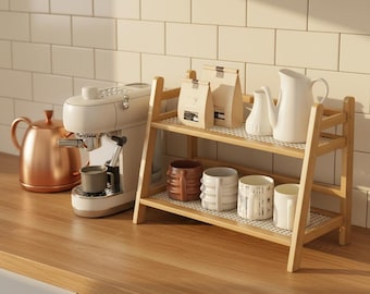 木製コーヒーバーオーガナイザー、2段式ラタン製棚、コーヒーステーションラック、キッチンカウンター棚、コーヒーバーアクセサリースタンド。