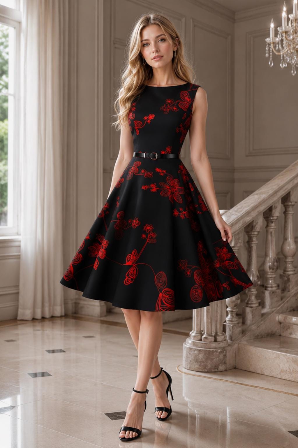 Vintage Black and Red Floral Dress