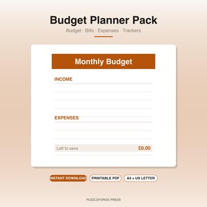 Può includere: Un modello digitale di pianificatore di budget con il testo Budget Planner Pack, Budget, Bills, Expenses, Trackers e un modulo Monthly Budget con sezioni per entrate, uscite e un campo Left to save che mostra £0.00, oltre a etichette di download.