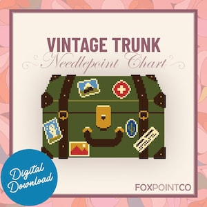 May include: A pixel art needlepoint chart featuring a green vintage trunk with dark brown straps, a gold latch, and various travel stickers. The text reads VINTAGE TRUNK Needlepoint Chart and FOXPOINTCO. A blue circle indicates Digital Download.