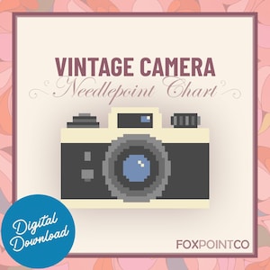 May include: A digital needlepoint chart featuring a pixel art illustration of a vintage camera. The text reads VINTAGE CAMERA Needlepoint Chart and FOXPOINTCO. A blue circular badge in the corner displays the text Digital Download.