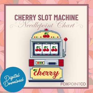 Könnte beinhalten: Ein Pixel-Art-Stickmuster mit dem Titel CHERRY SLOT MACHINE, das einen Spielautomaten mit drei Kirschsymbolen auf den Walzen, einem roten Hebel und dem Wort Cherry in roter Schreibschrift zeigt. Ein blauer Kreis kennzeichnet den digitalen Download.