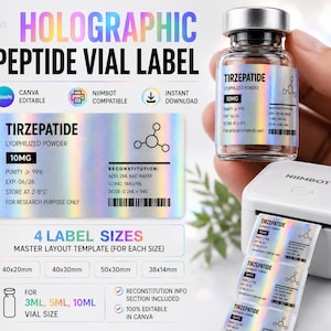 Holographic Peptide Vial Label with Reconstitution info, Niimbot Printable, Editable Canva Label Template, 4 Sizes, 3ml 5ml 10ml, Dosing PDF