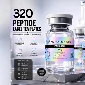 320 holograficznych szablonów etykiet na fiolki z peptydami, etykiety do druku kompatybilne z Niimbot, 4 rozmiary edytowalne w Canva, pobieranie cyfrowe 3 ml, 5 ml, 10 ml