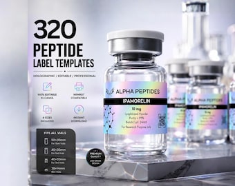 320 holografische etiketten voor peptideflacons, printbare etiketten compatibel met Niimbot, 4 formaten, bewerkbaar in Canva, digitale download: 3 ml, 5 ml, 10 ml