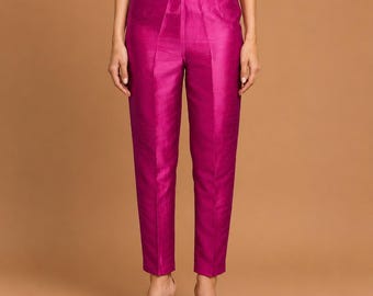 Raw Silk Pants, Magenta Pink Straight Leg Trousers, High-Rise Women’s Luxury