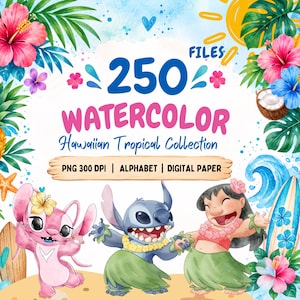 Op de afbeelding: Een digitale collectie van 250 aquarel Hawaïaanse tropische bestanden met roze en blauwe stripfiguren, hibiscusbloemen, palmbladeren, surfplanken en kokosnoten. De tekst luidt 250 WATERCOLOR Hawaiian Tropical Collection.